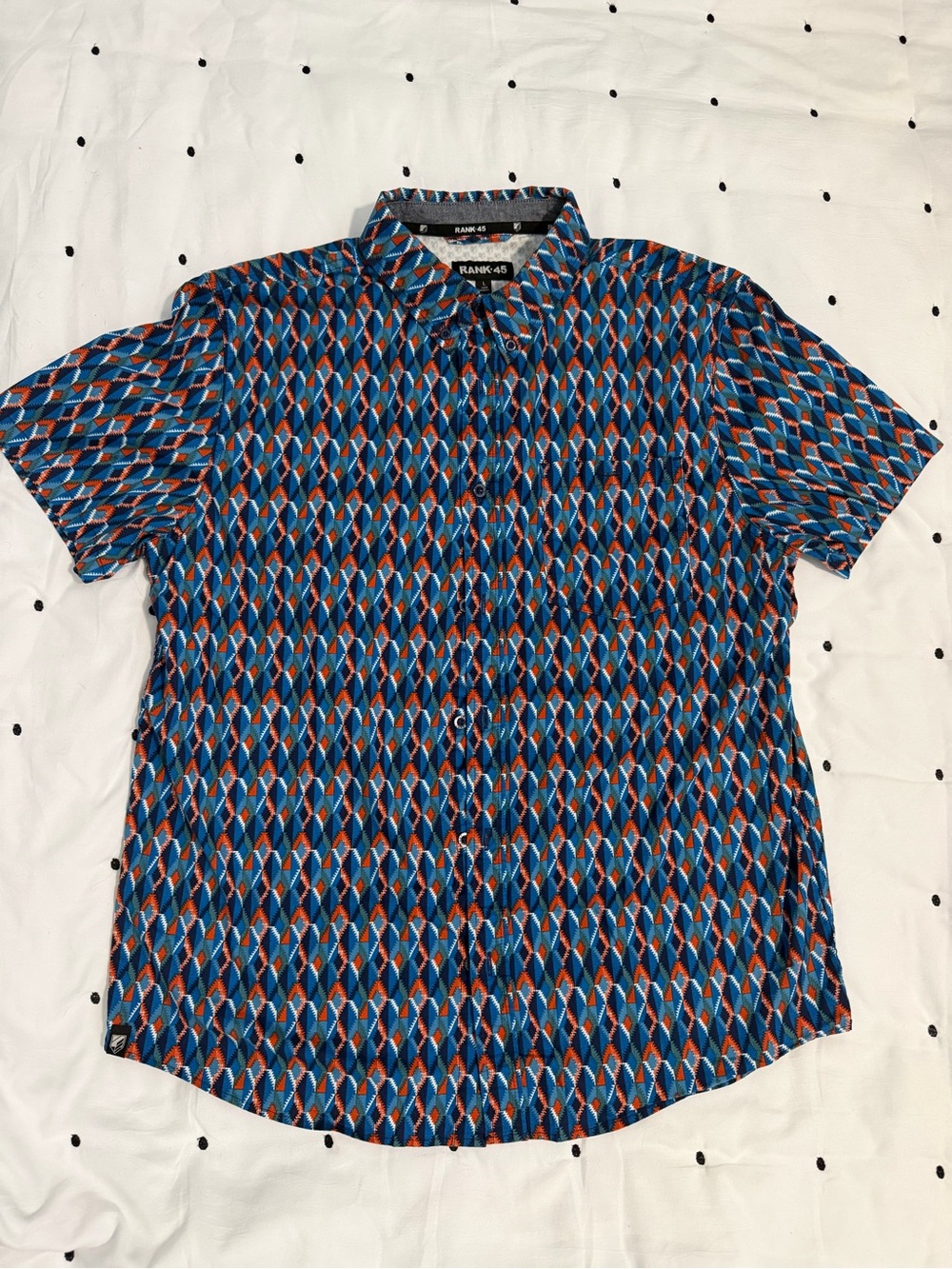 Rank-45 Blue Geometric Short-Sleeve Button-Down Shirt